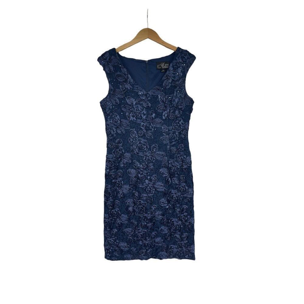 Alex Evenings Sequin Rose Appliqué Navy Blue Short Formal Dress Womens 10